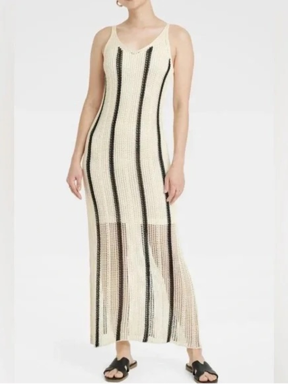 A New Day Cream Striped Knit Maxi Dress - Sleeveless V-Neck
